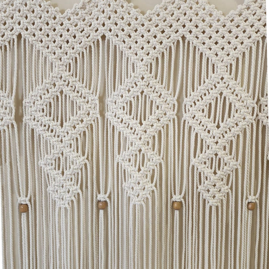 Ecru Macramé Art Curtain – Hand-Knotted Bohemian Cotton Panel with Geometric Fringe