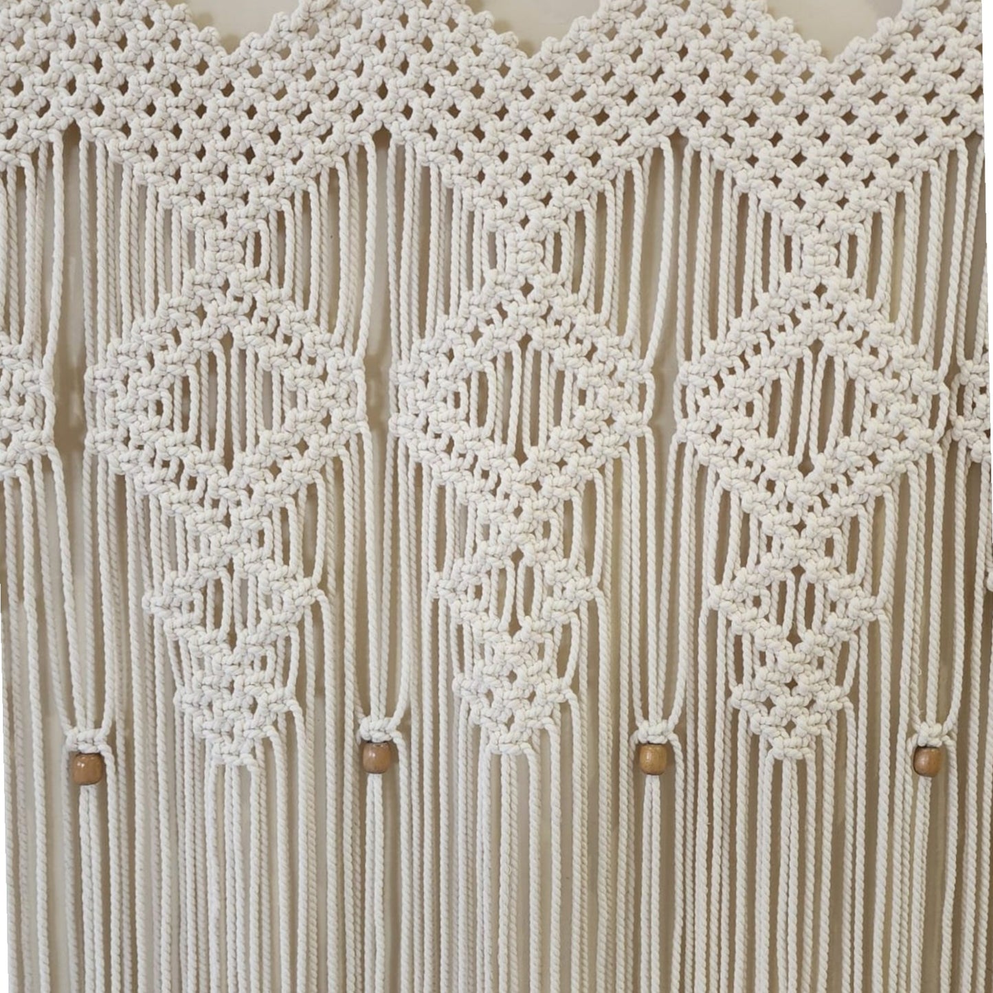 Ecru Macramé Art Curtain – Hand-Knotted Bohemian Cotton Panel with Geometric Fringe