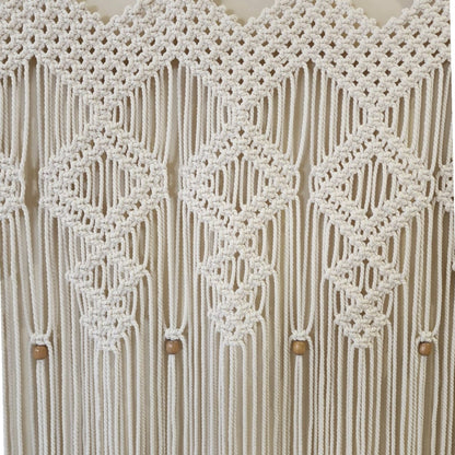 Ecru Macramé Art Curtain – Hand-Knotted Bohemian Cotton Panel with Geometric Fringe