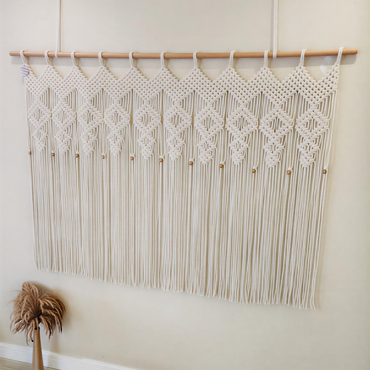 Ecru Macramé Art Curtain – Hand-Knotted Bohemian Cotton Panel with Geometric Fringe