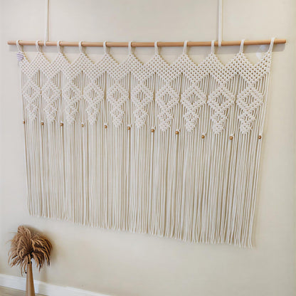 Ecru Macramé Art Curtain – Hand-Knotted Bohemian Cotton Panel with Geometric Fringe