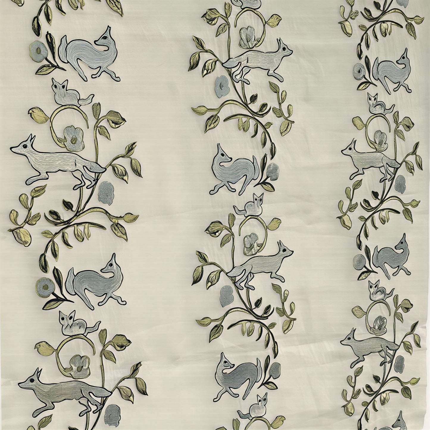 Fox Stripe Embroidered Roman Shade – Artisanal Forest Animal Motif Blinds