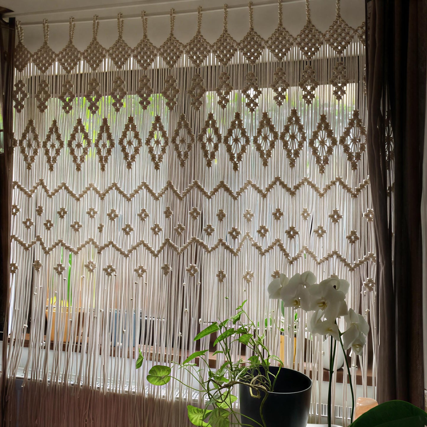 Geometric Boho Macramé Curtain – Hand-Knotted Airy Cotton Window Drape