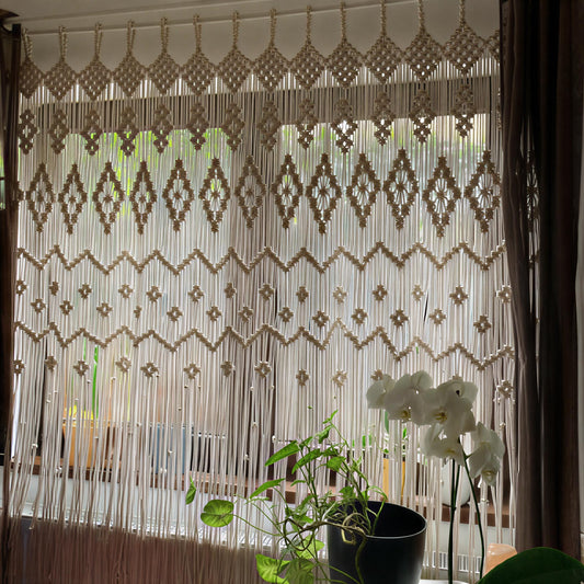 Geometric Boho Macramé Curtain – Hand-Knotted Airy Cotton Window Drape