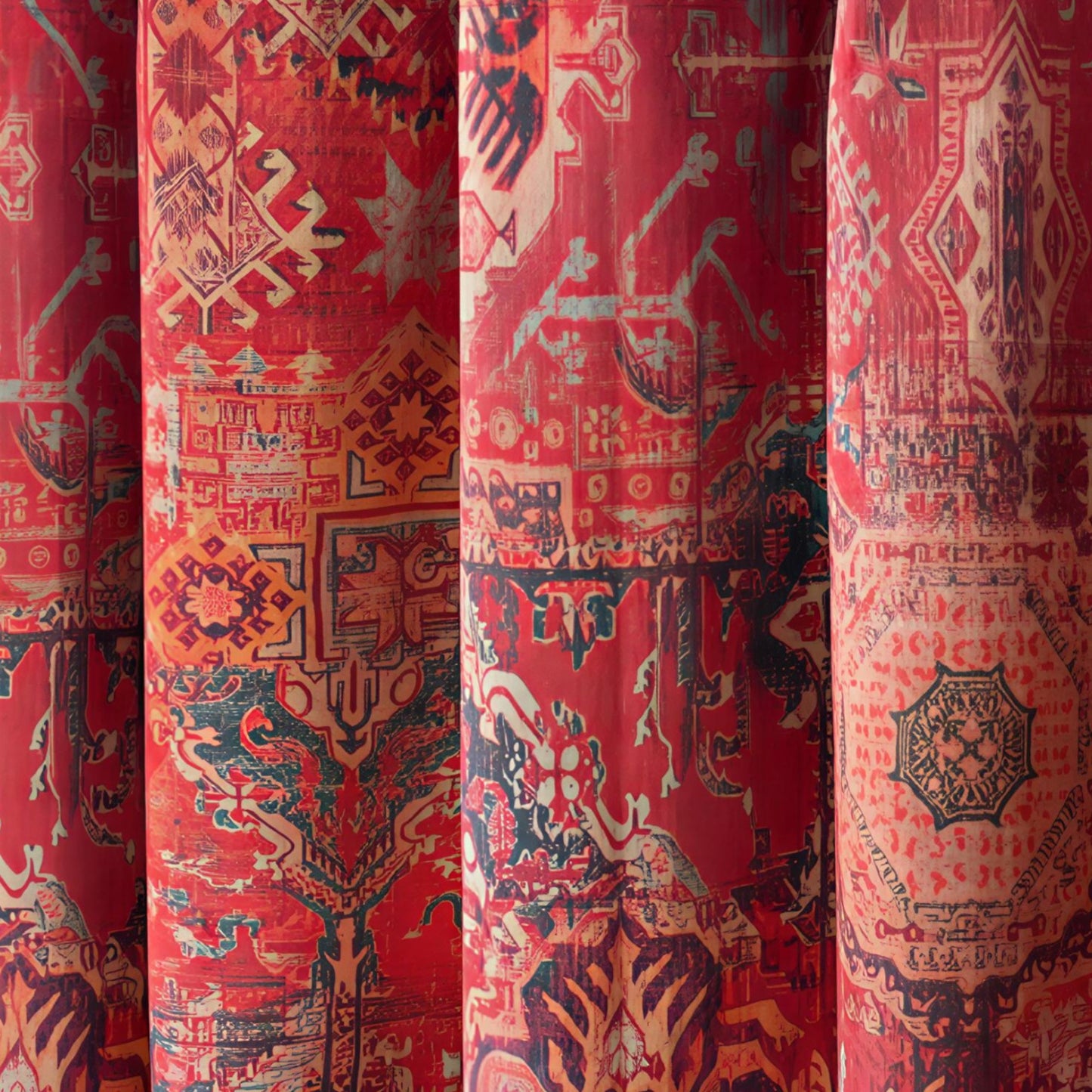 Kilim Motif Blackout Panels – Hand-Crafted Patterned Light Blocking Drapes in Deep Red