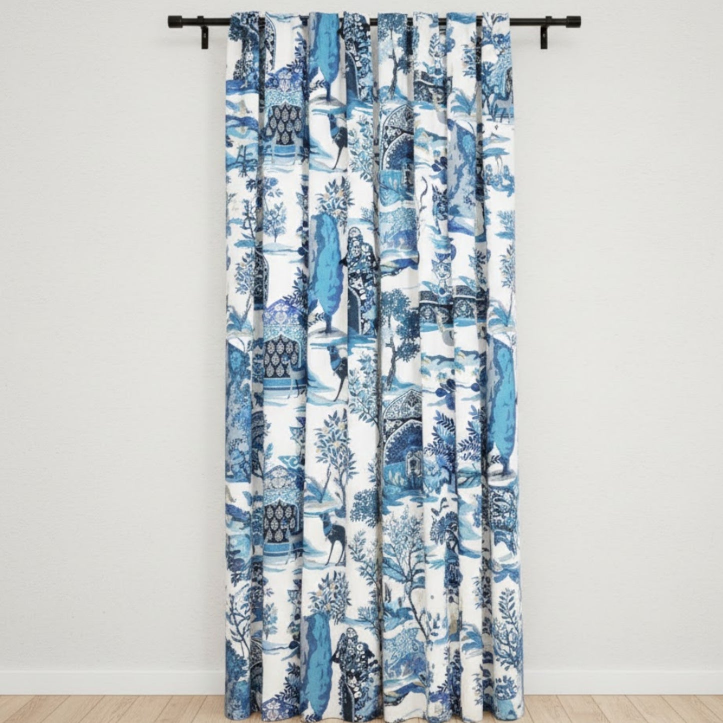 Azure Mosaic Blackout Panels – Artisan Patterned Light Blocking Drapes in White and Blue