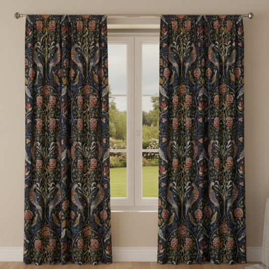 Seasons by May Indigo Drapes – Artisanal Floral Mirror Trellis Curtains