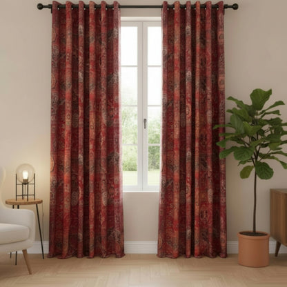 Kilim Motif Blackout Panels – Hand-Crafted Patterned Light Blocking Drapes in Deep Red